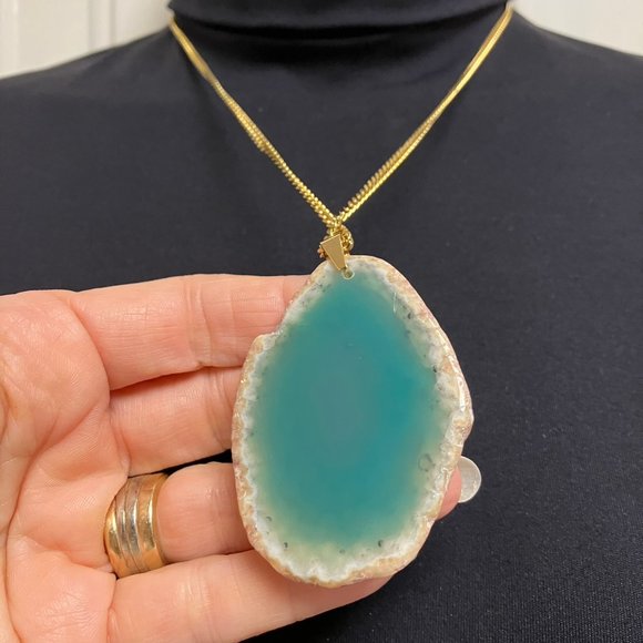 NEW Agate Gemstone Raw Edge AQUA Colored Gemstone + 20 in Golden Stainless Chain - Picture 5 of 12